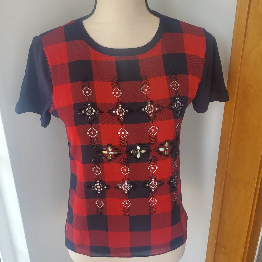 J. Crew Embellished Plaid Tartan T-Shirt/ Tee, XXS